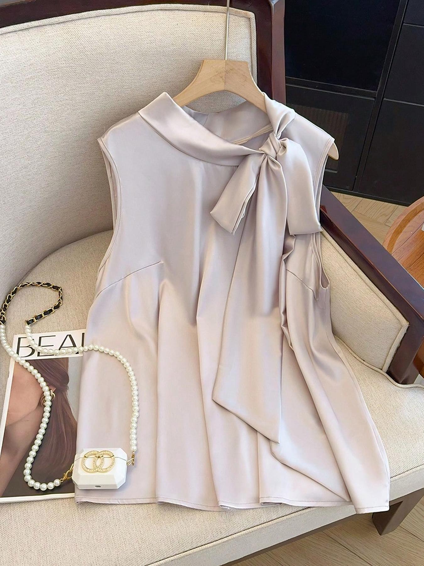 Summer Clothing Wear - 【Taille Plus】 Haut uni à nouer