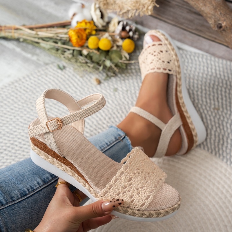 Espadrille Sandal Women - Sandales compensées en dentelle pour femme,
