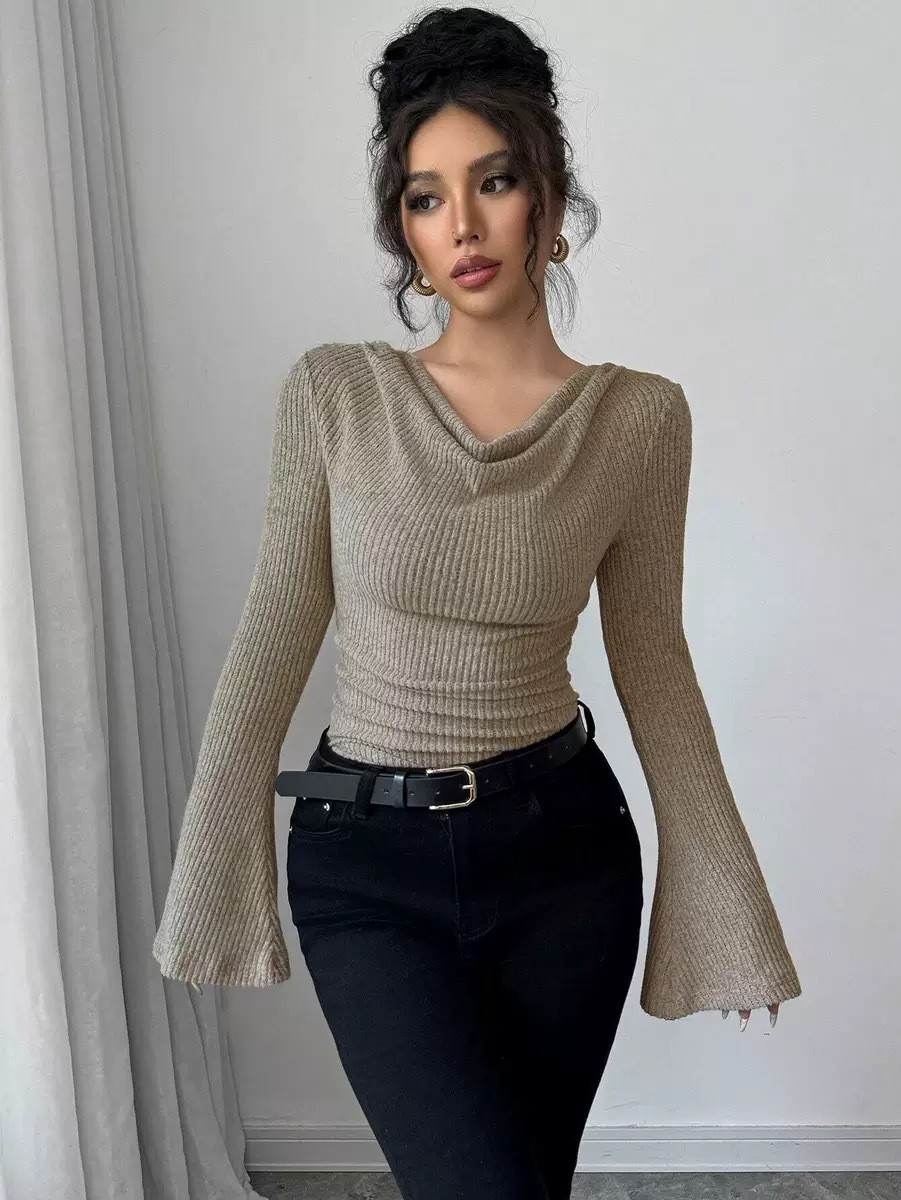 Off Shoulder Blouse - Haut pour femme en maille côtelée,