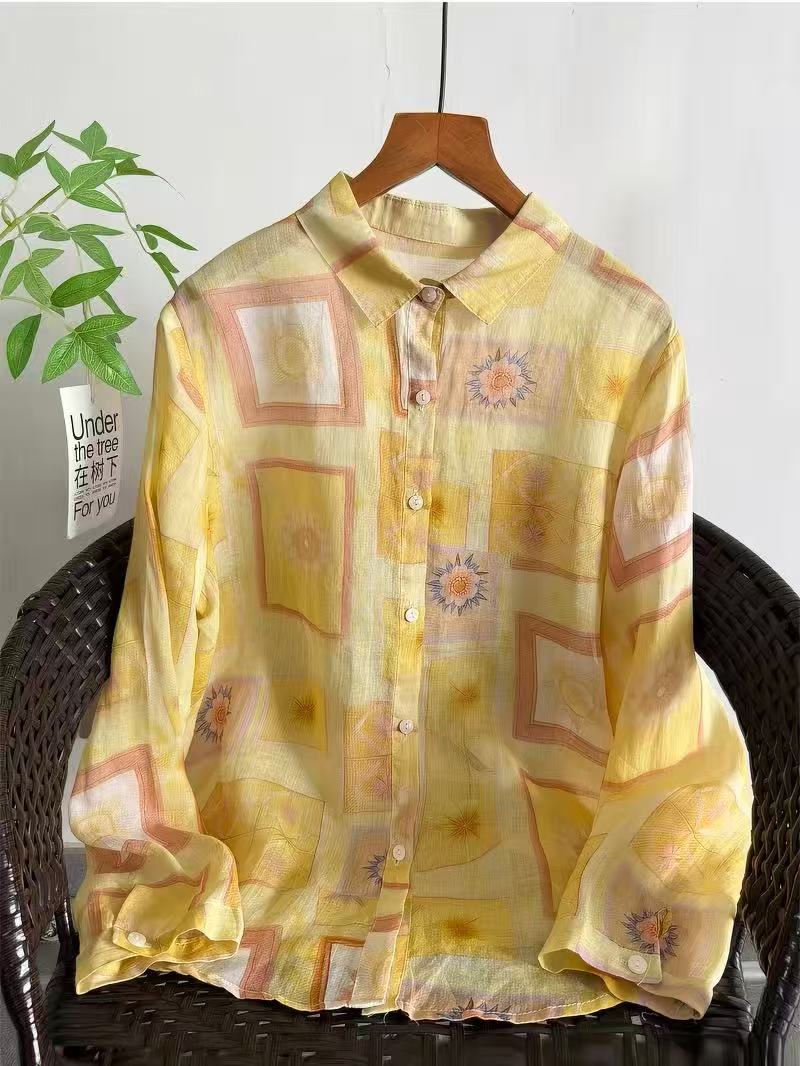 Yellow Summer Clothing - Chemisier 100% Ramie Jaune à Manches